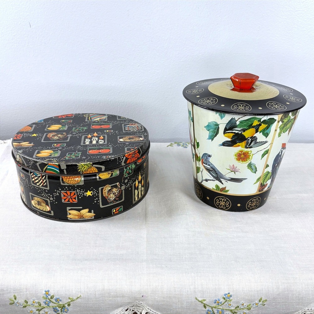 Vintage Made in England Metal Tin Set Holiday Turkey & Botanical Bird Canister